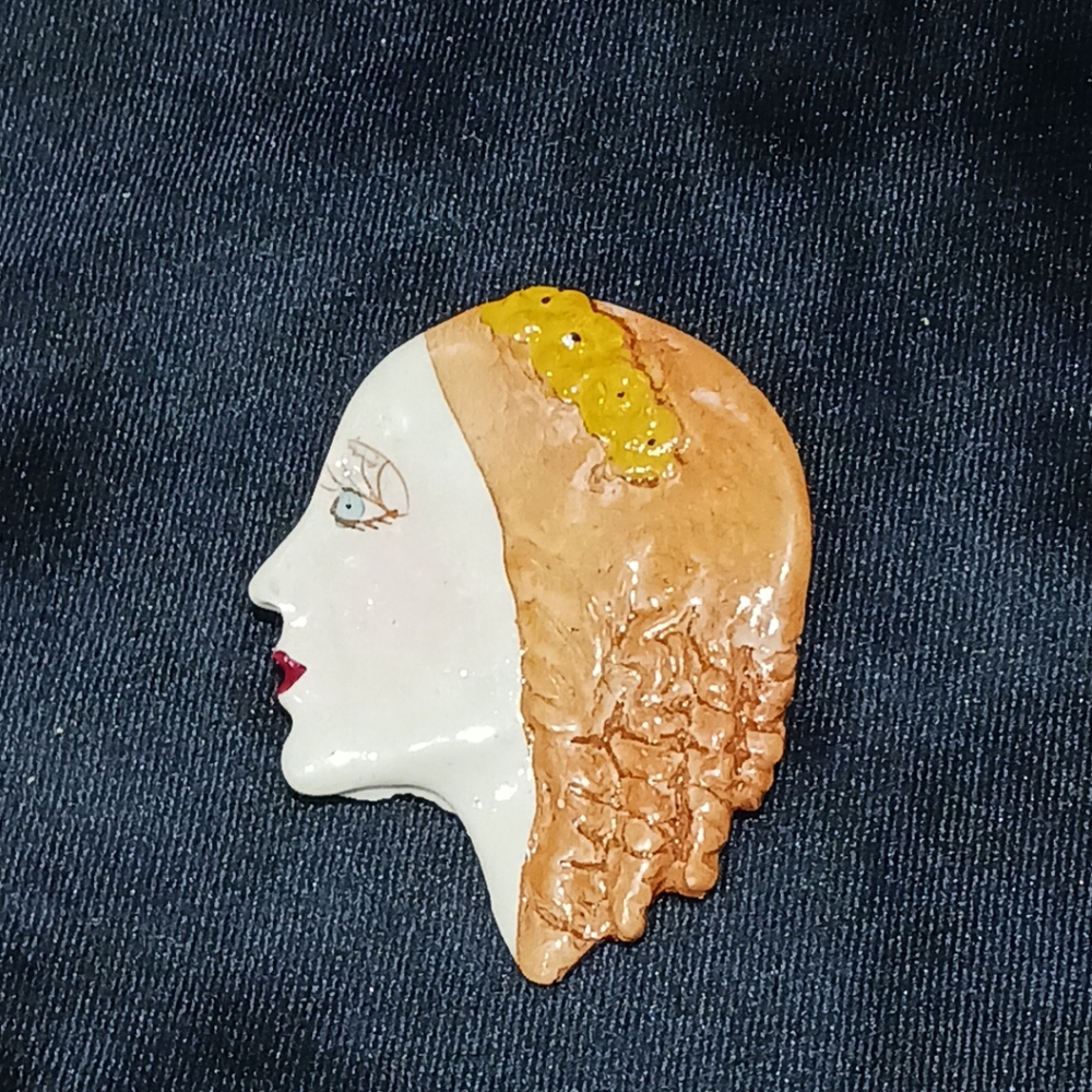 Vintage Brooch - White Woman Face Red Hair Revival Renaissance Locks Blue Eyes